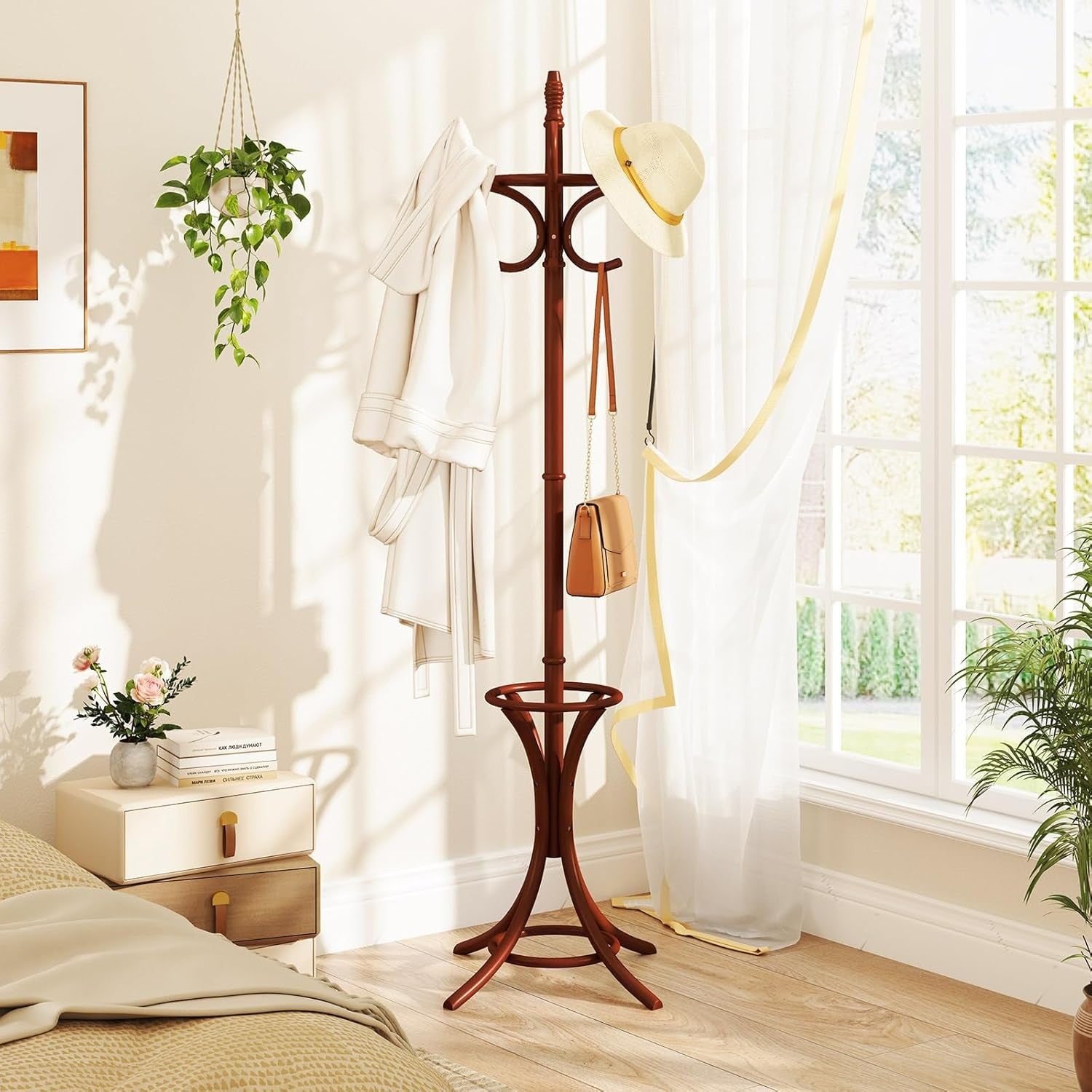 Wooden Coat Rack Stand 12 Hooks & Umbrella Holder | 73” Freestanding Hall Tree