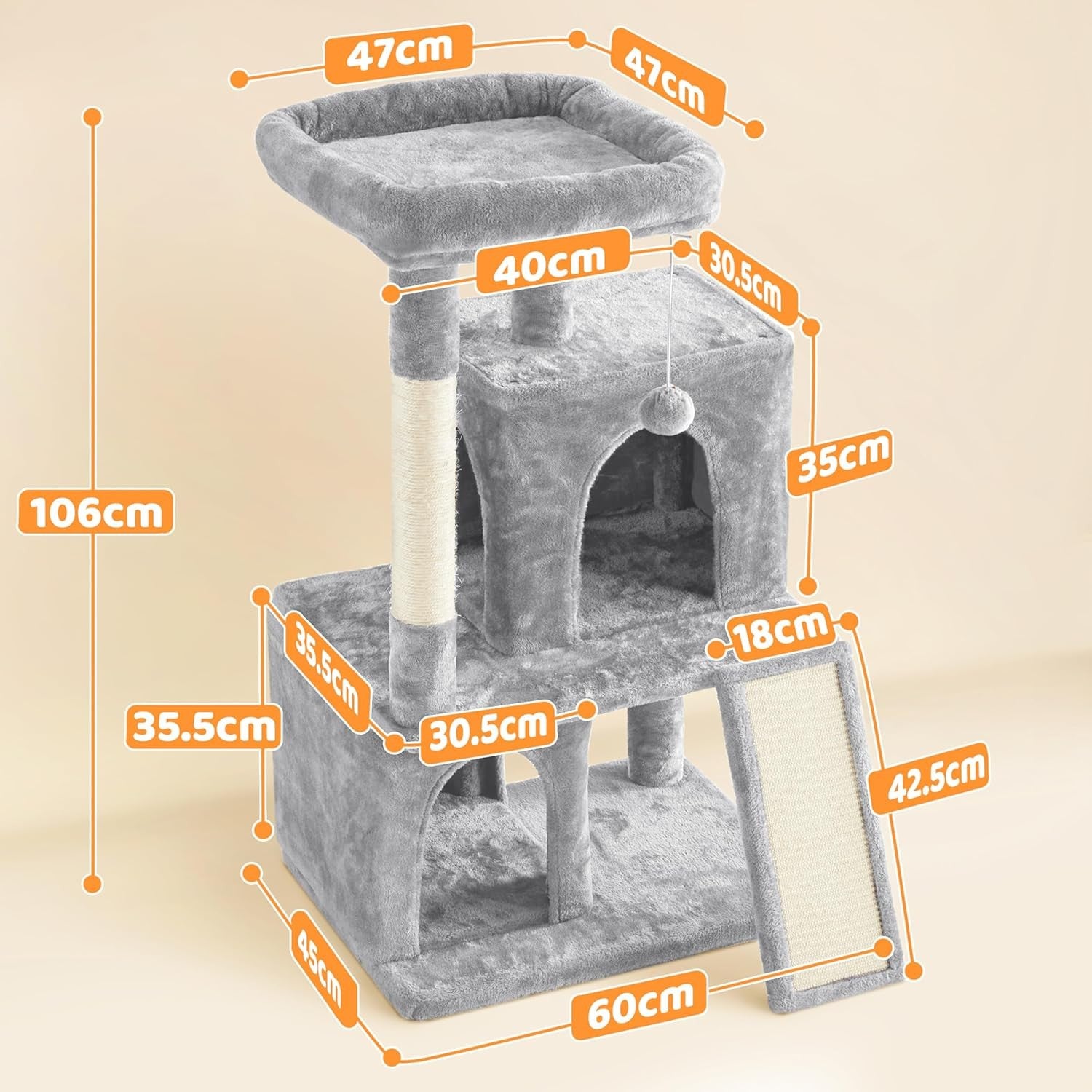 106cm Cat Tree Tower Multi Level Double Condo Scratching Post Light Grey
