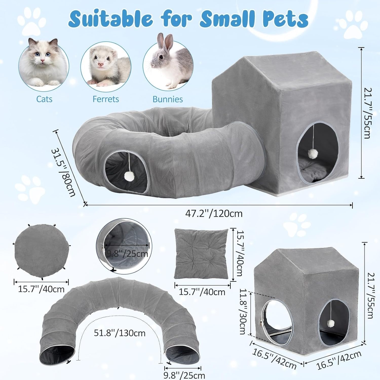Cat Donut Tunnel Bed w Square House Peekaboo Play Cave Washable Gray