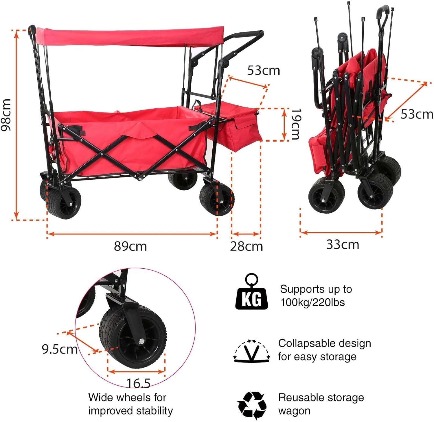 Folding Push Pull Wagon w/ Canopy Heavy Duty 100KG Cart Adjustable Handle Red