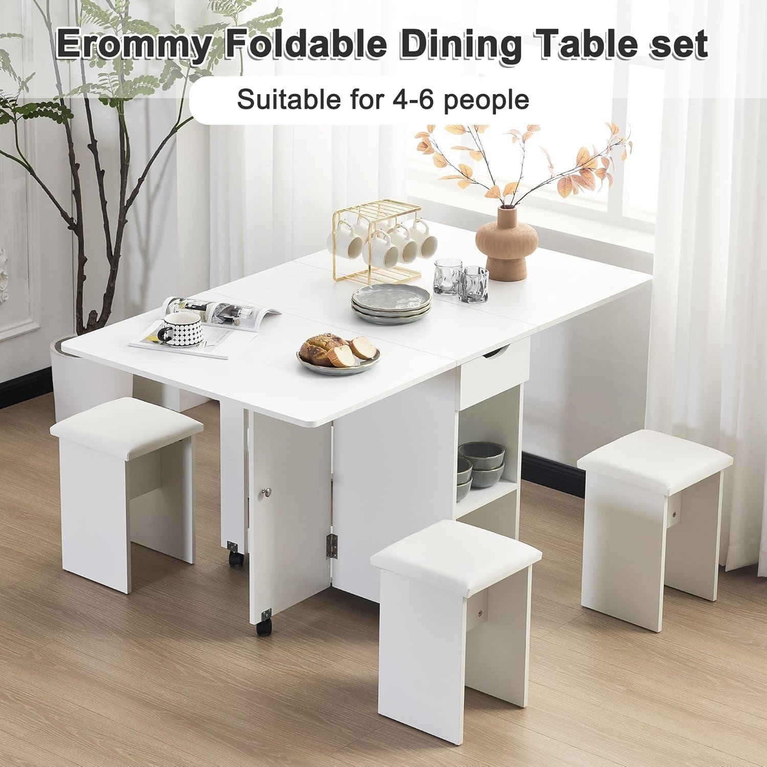 Space-Saving Folding Dining Set with Storage, PU Chairs & Lockable Wheels