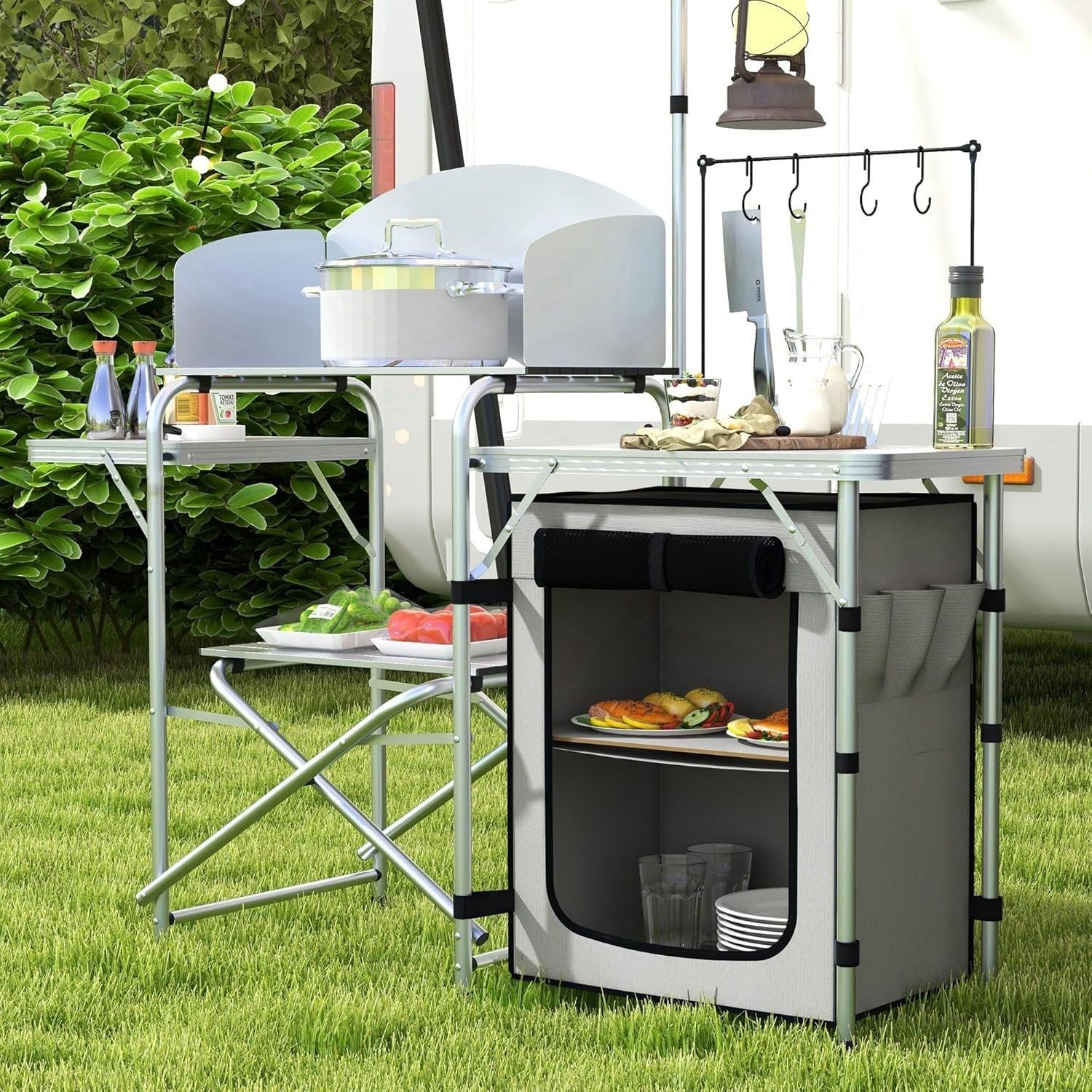 Folding Camping Kitchen Table with Windshield Cupboard Sink BBQ Light