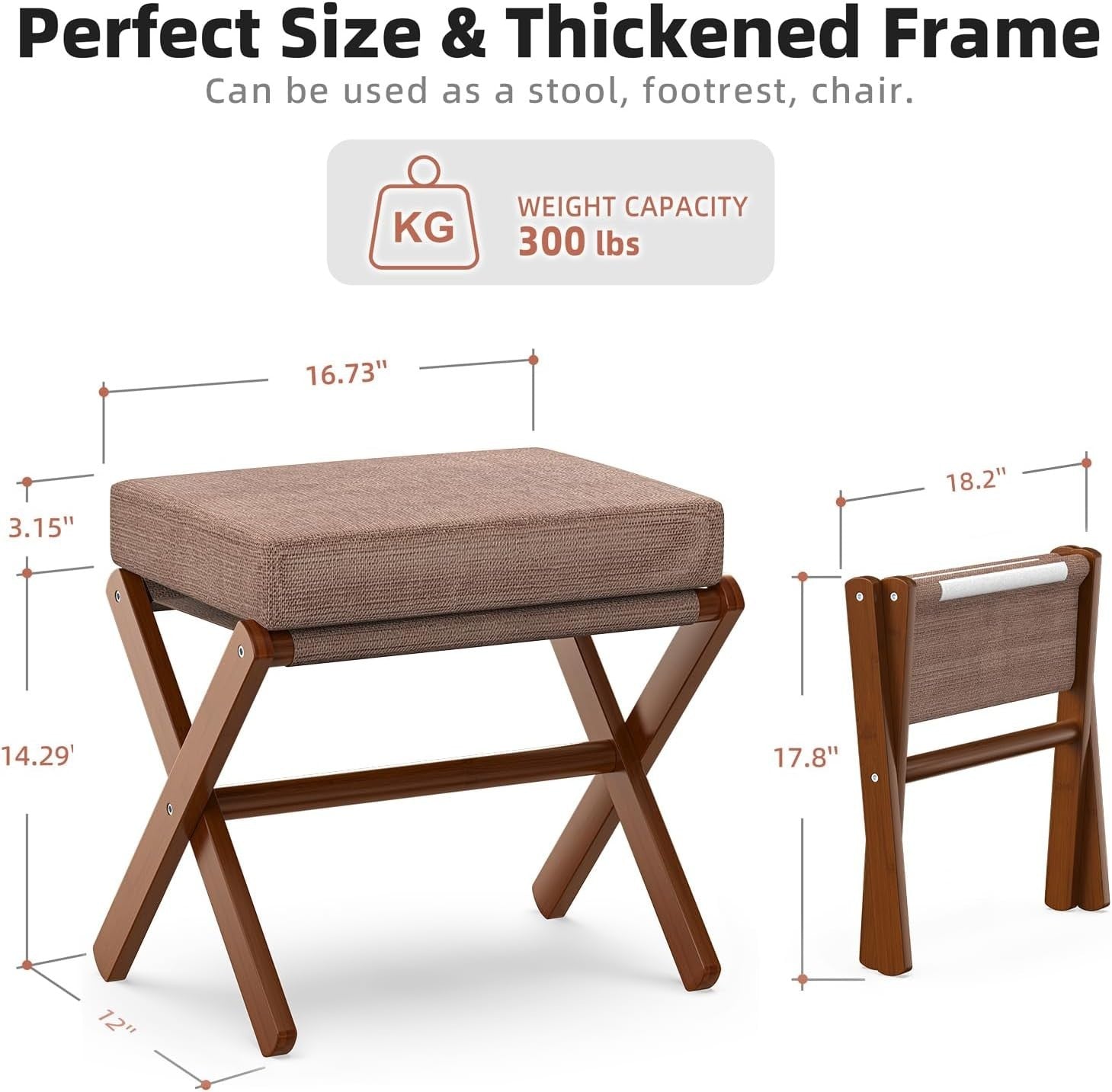 Brown Foldable Footstool Ottoman with Bamboo X-Legs & Thick Chenille Cushion