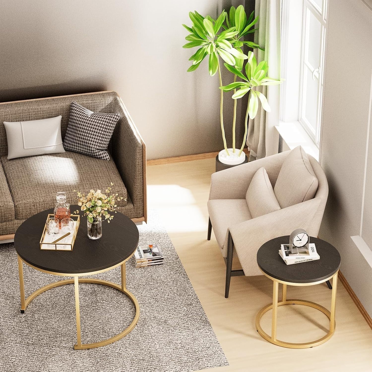 Nesting Coffee Tables Set of 2 Modern Round Black Gold Metal Side End Space Savi