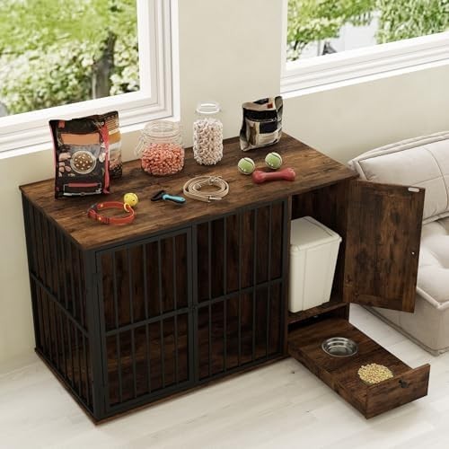 Heavy Duty Dog Crate Furniture with Hidden Bowls & Storage Cabinet