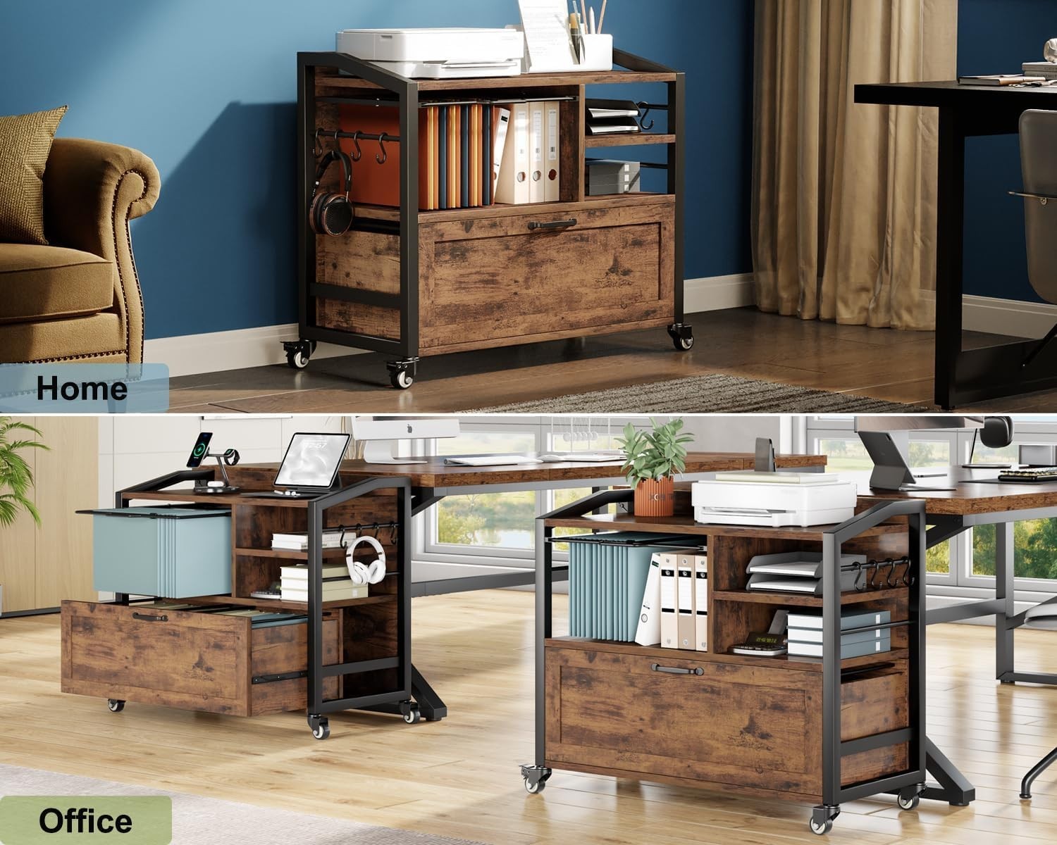 Rustic Brown Rolling Lateral File Cabinet Printer Stand Legal Letter
