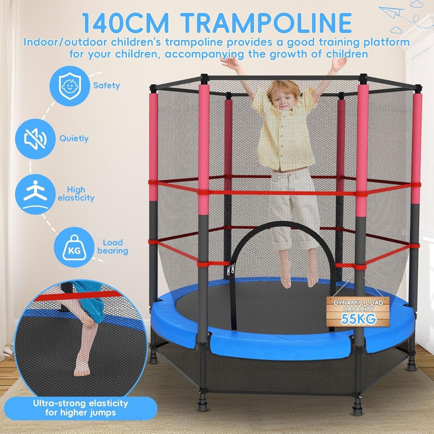 Blue Toddler Trampoline 140cm with Safety Enclosure Indoor Outdoor