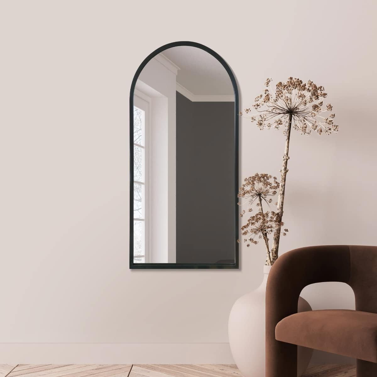 Modern Black Metal Framed Arched Wall Mirror 120x60cm Stylish