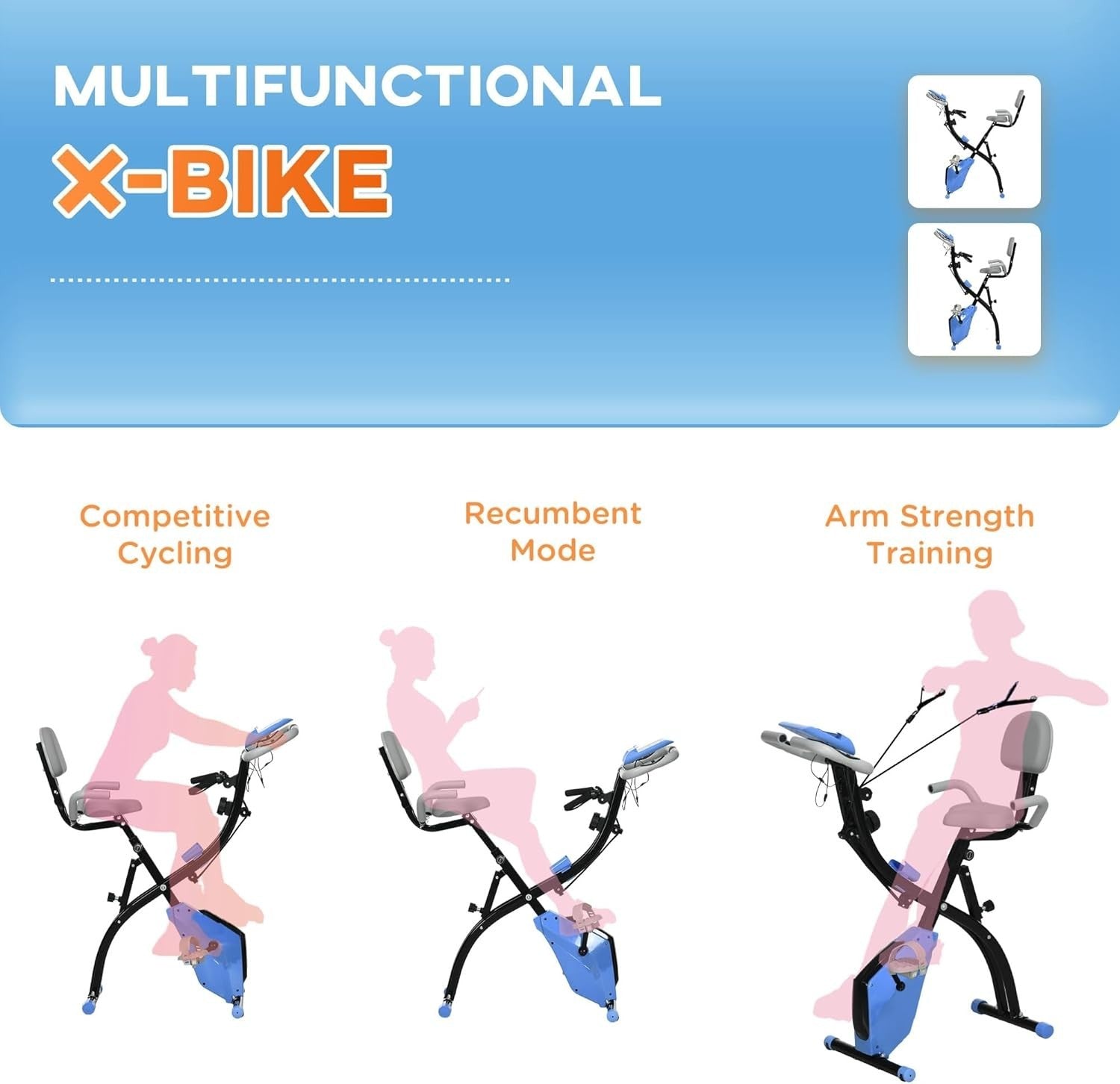 Light Blue 3-in-1 Folding Exercise Bike Magnetic Resistance LCD Pulse Bands