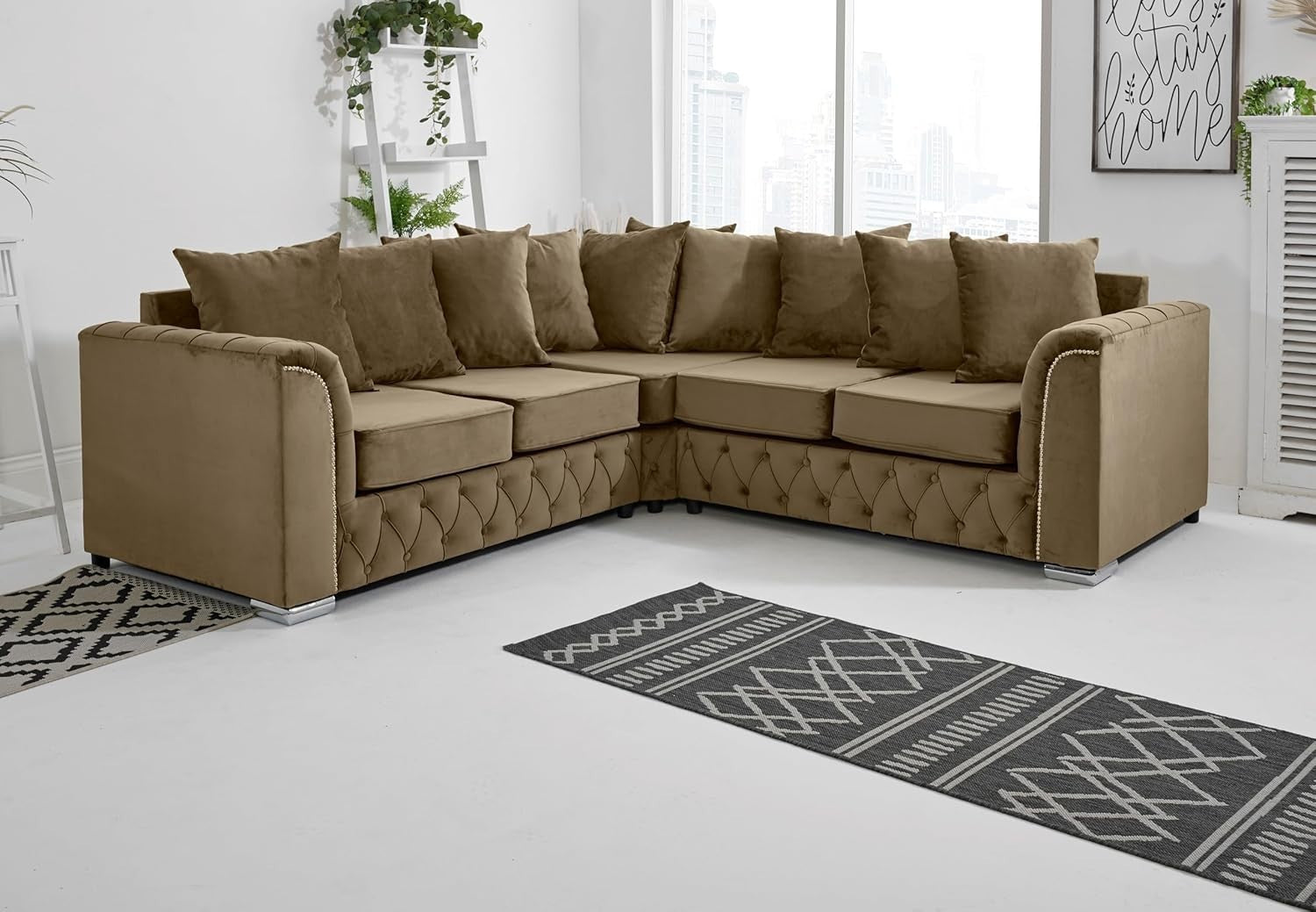 Mink Plush Velvet 5-Seater Corner Sofa – Scatterback & Button Detail