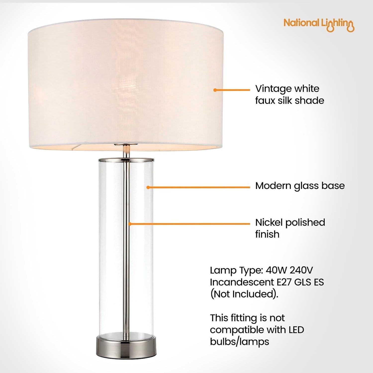 Dimmable Touch Table Lamp with White Fabric Shade & Clear Glass Base