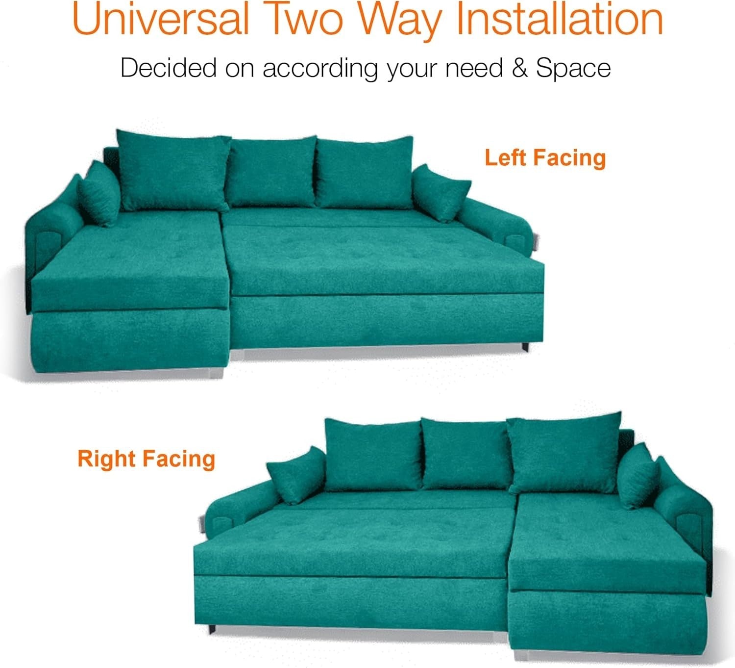 Green Velvet L-Shaped Sofa Bed w/ Storage & Pull-Out Sleeper 4 Seater