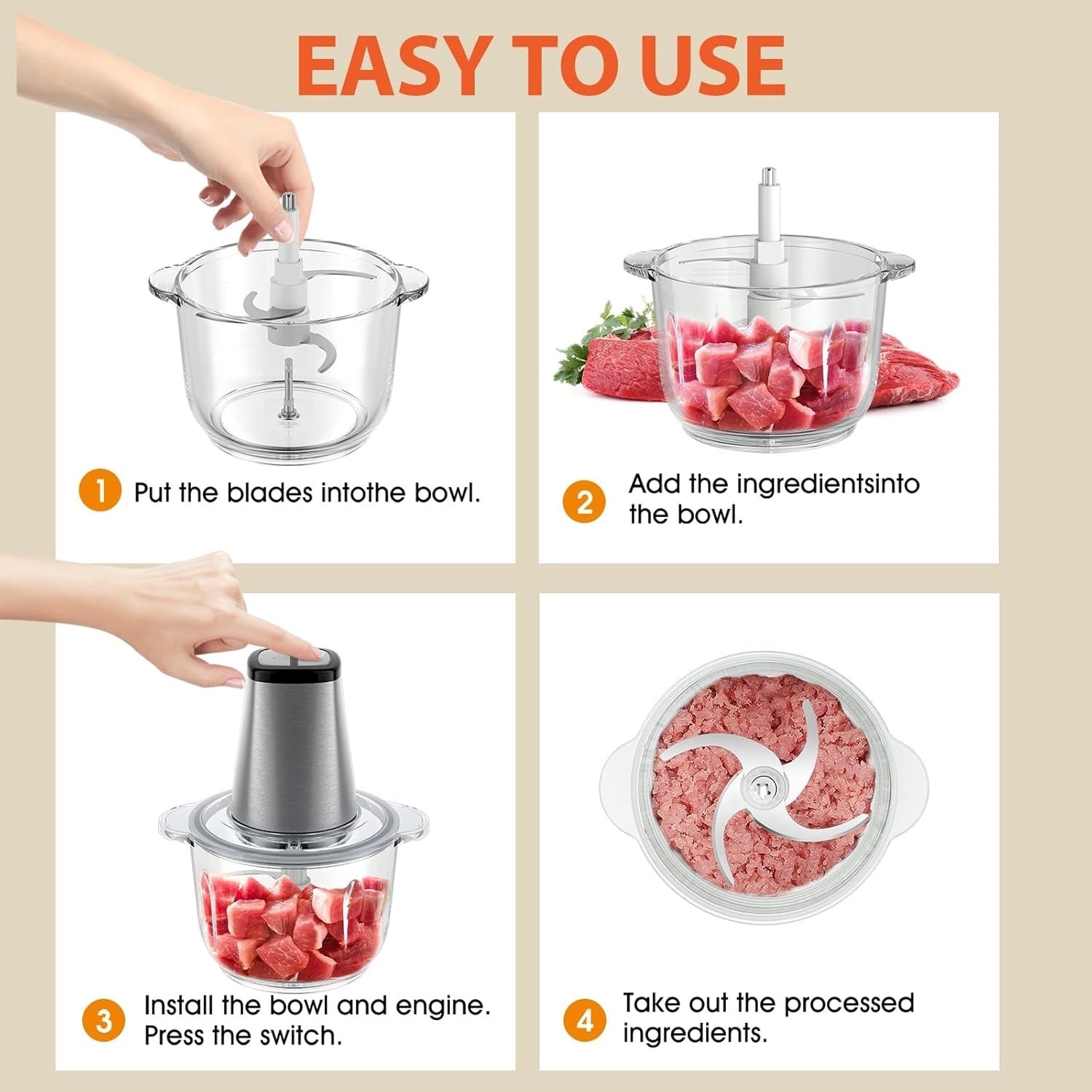500W Food Processor Chopper Dual 2L Bowls Meat Grinder Blender