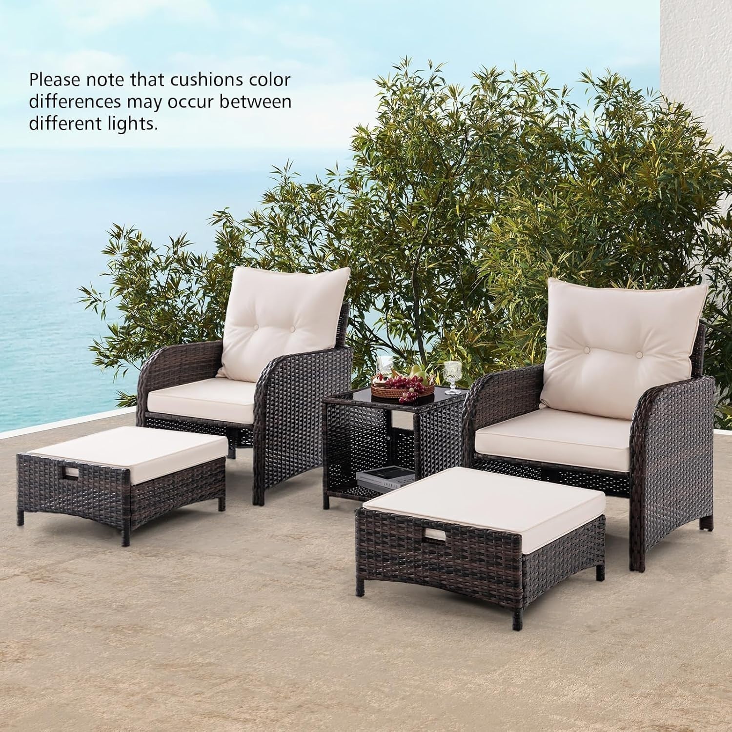 5PCS Garden Rattan Patio Set with Cushions, Coffee Table & Ottomans Outdoor