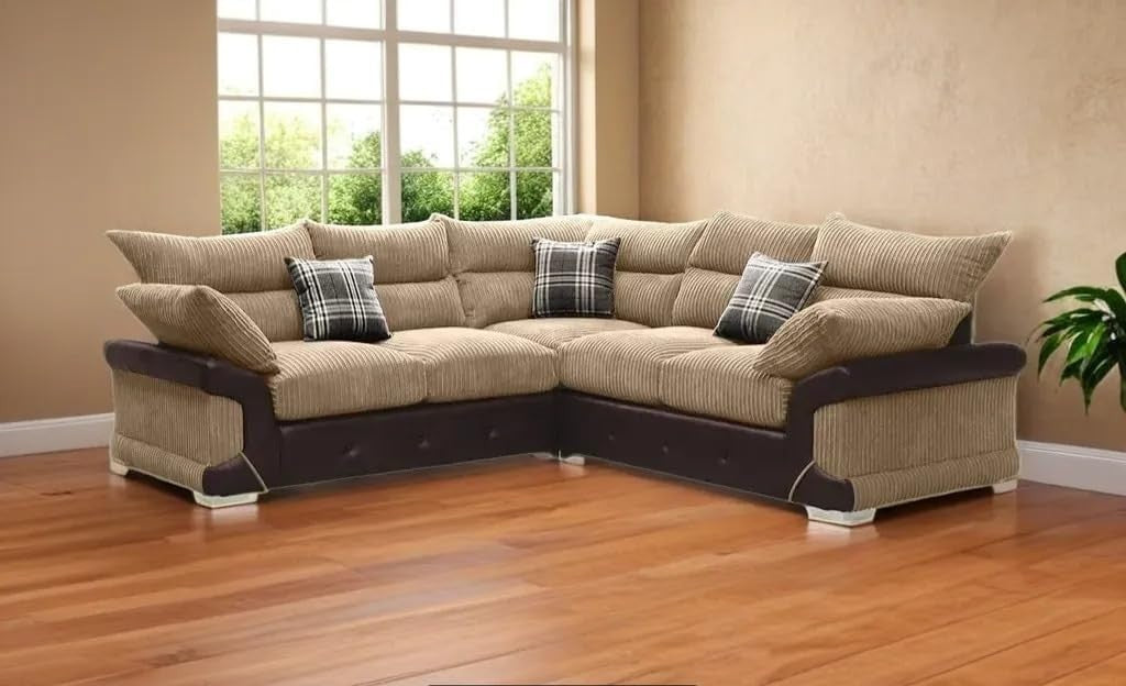 Modern 5-Seater L-Shape Jumbo Cord Corner Sofa High Back Chrome Legs
