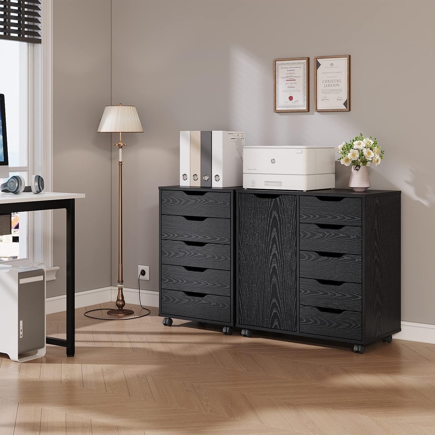 5 Drawer Mobile Filing Cabinet with Wheels Office Storage Chest Black
