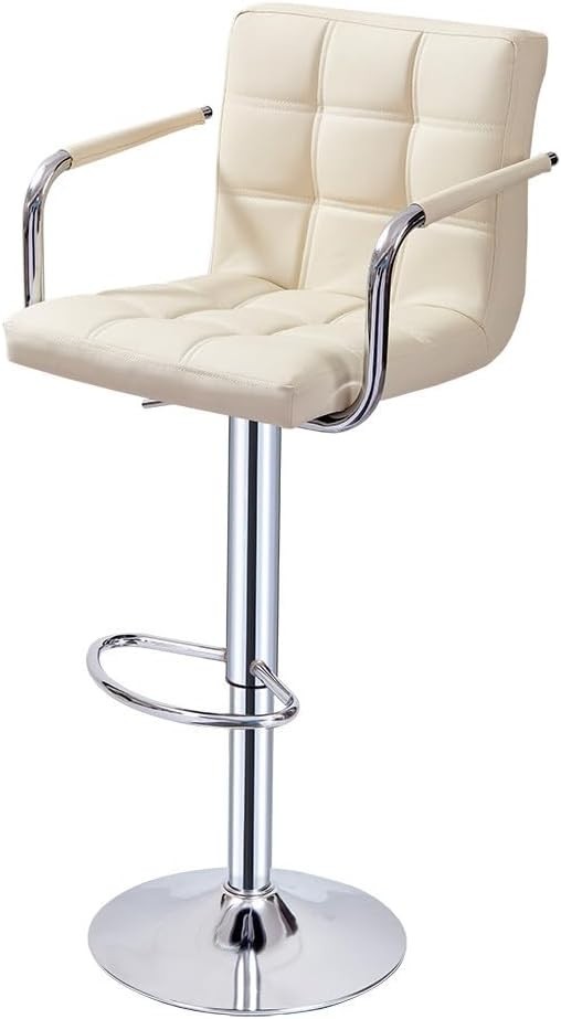 Set of 2 Beige Adjustable Swivel Bar Stools with Armrests & PU Leather