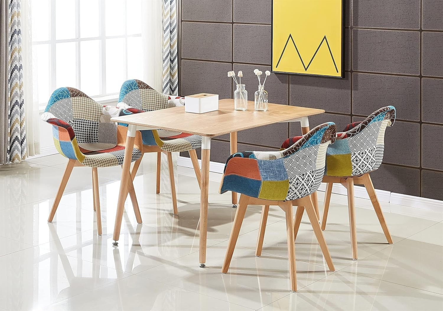 Patchwork Dining Chairs Set of 2 with Arms Wood Legs Fabric