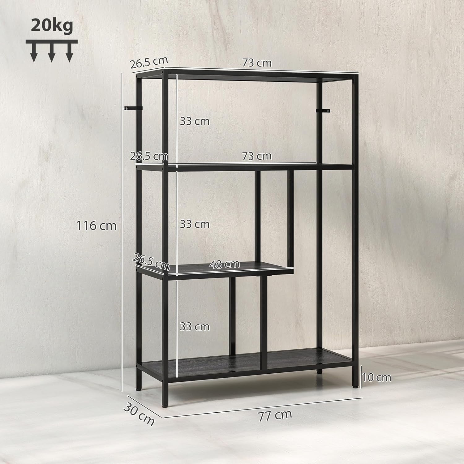 4 Tier Industrial Bookcase Charcoal Grey Metal Frame Freestanding Shelf 116cm