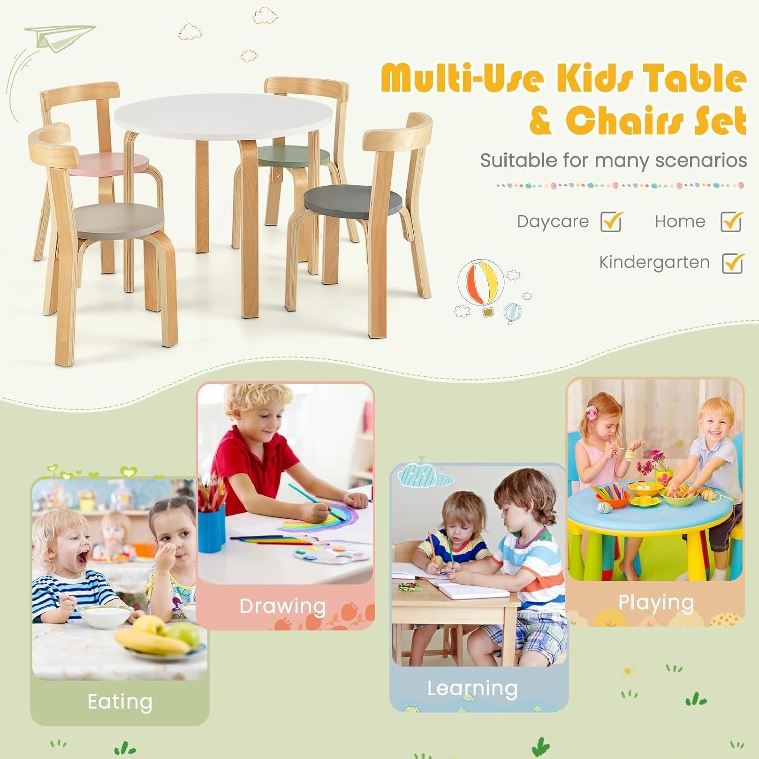 Kids 5-Piece Table & Chair Set, Wooden Round Activity Furniture for Play & Learn