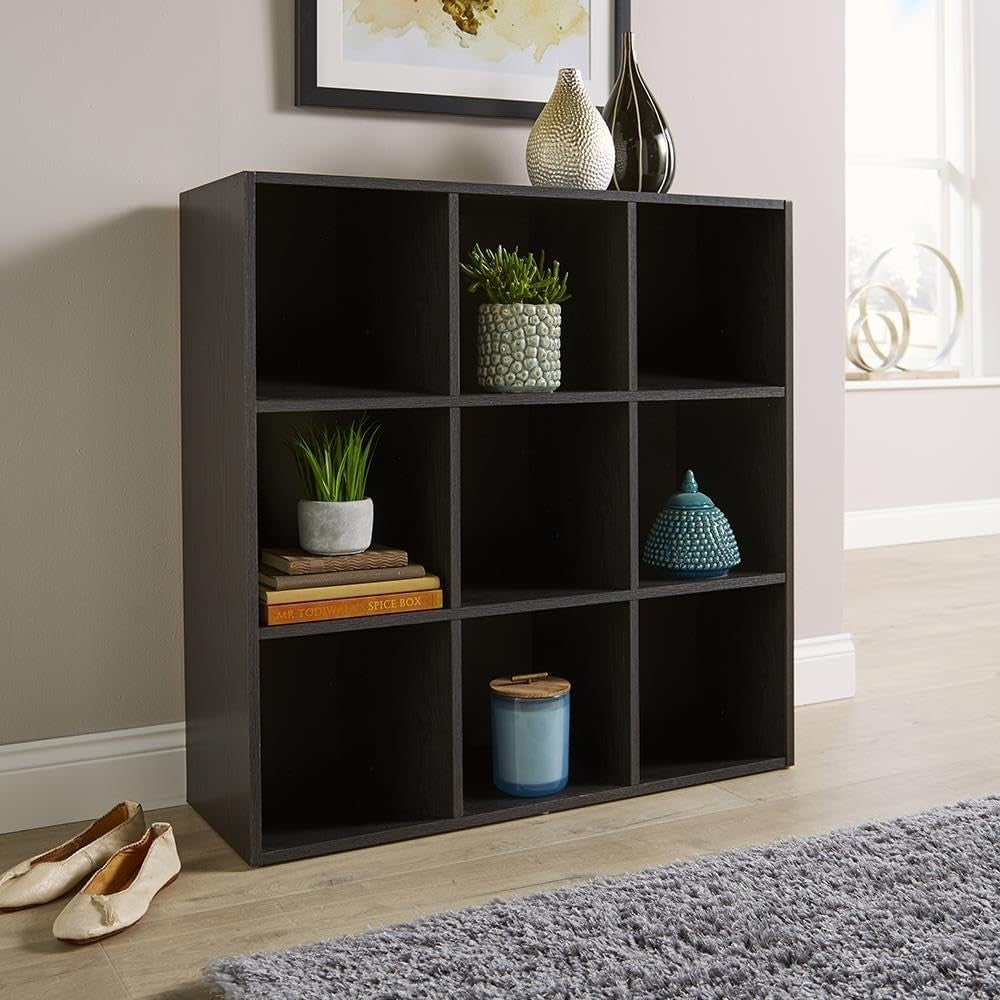 9 Cube Storage Shelf Black Wooden Bookcase Display Unit 90cm