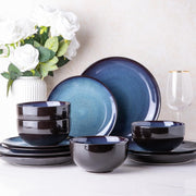 12 Piece Stoneware Dinner Set for 4 Blue Reactive Glaze Plates Bowls