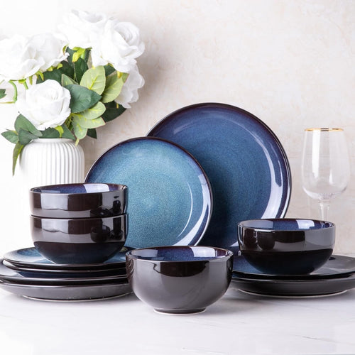 12 Piece Stoneware Dinner Set for 4 Blue Reactive Glaze Plates Bowls