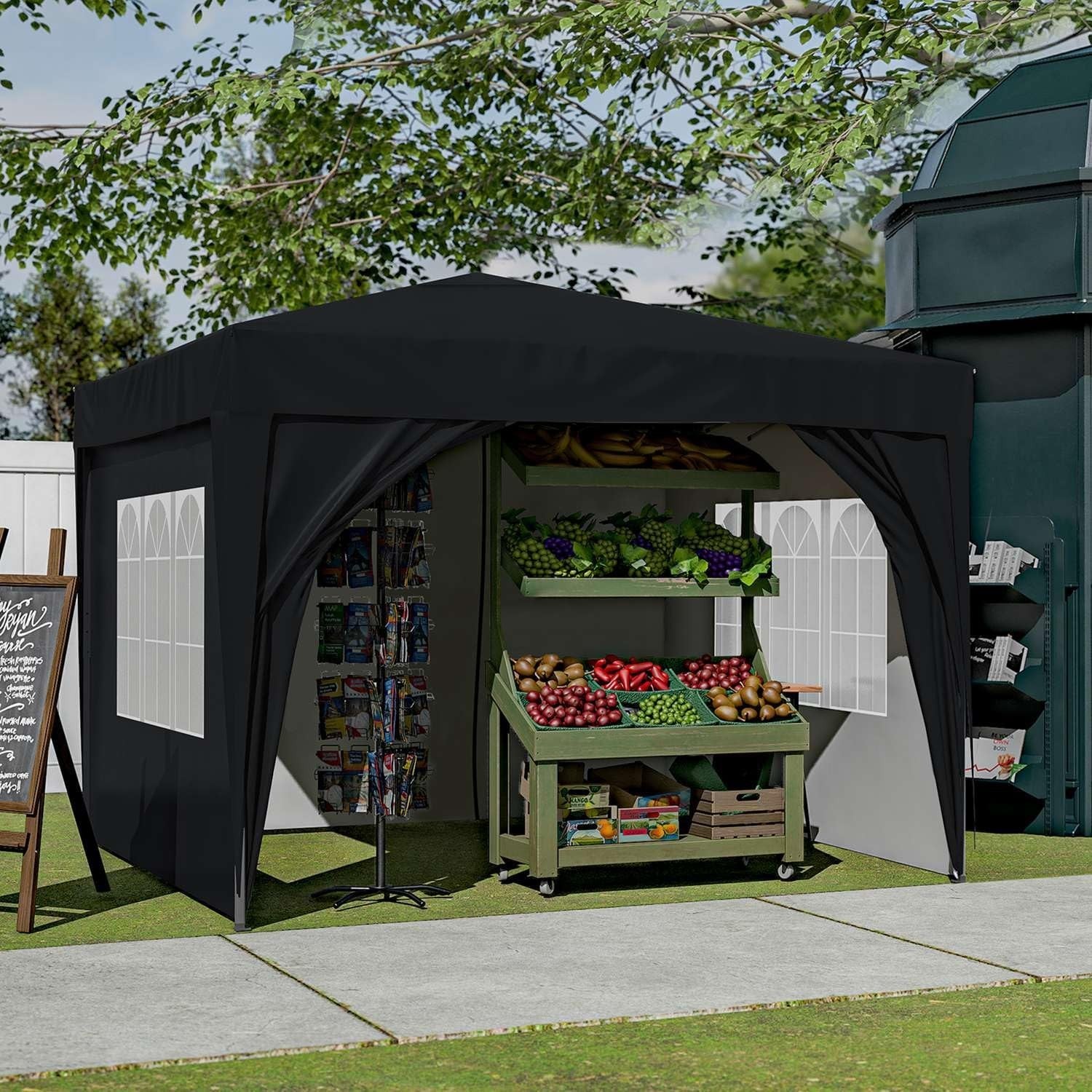 3x3M Waterproof Pop Up Gazebo With Sides Outdoor Garden Party Tent Black