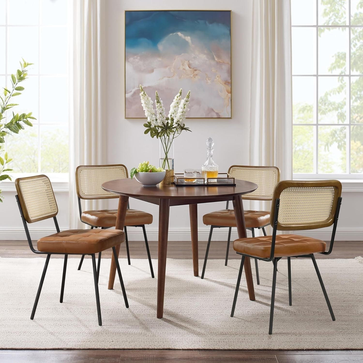 Rattan Dining Chairs Set of 2 Faux Leather Cane Back Mid Century Chairs