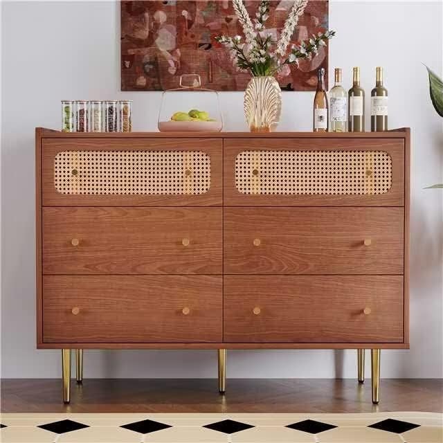 Walnut Rattan Sideboard Cabinet 6 Drawer Chest Storage Unit Modern