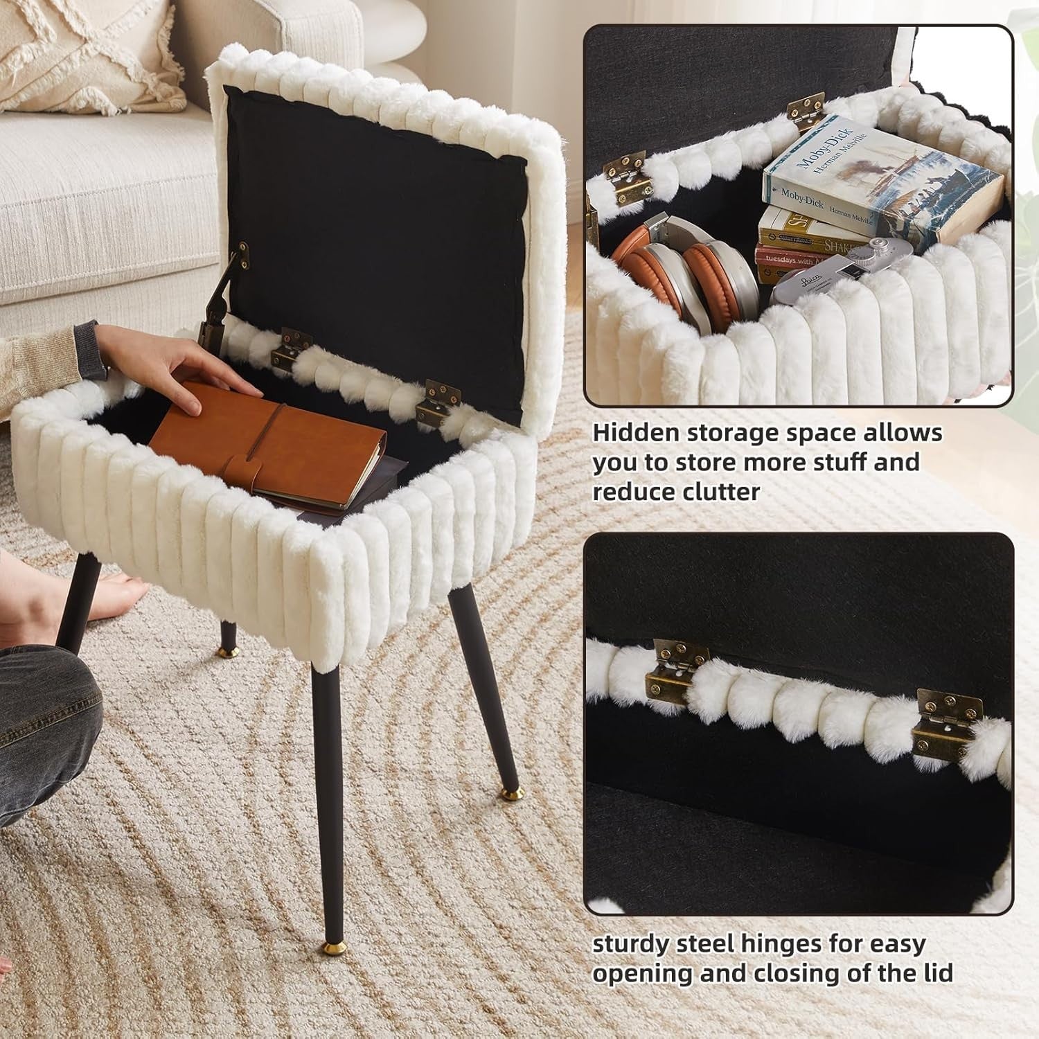 White Velvet Vanity Stool with Storage – Rectangular Ottoman for Bedroom