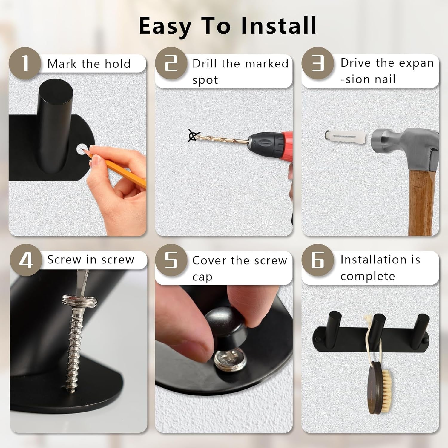 Black Metal Wall Coat Rack 3 Hooks Heavy Duty Modern Towel Hanger for Bathroom