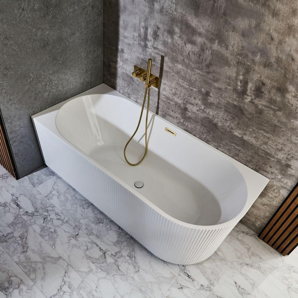 White Left Hand Fluted Corner Bath 1700x800mm Brass Overflow