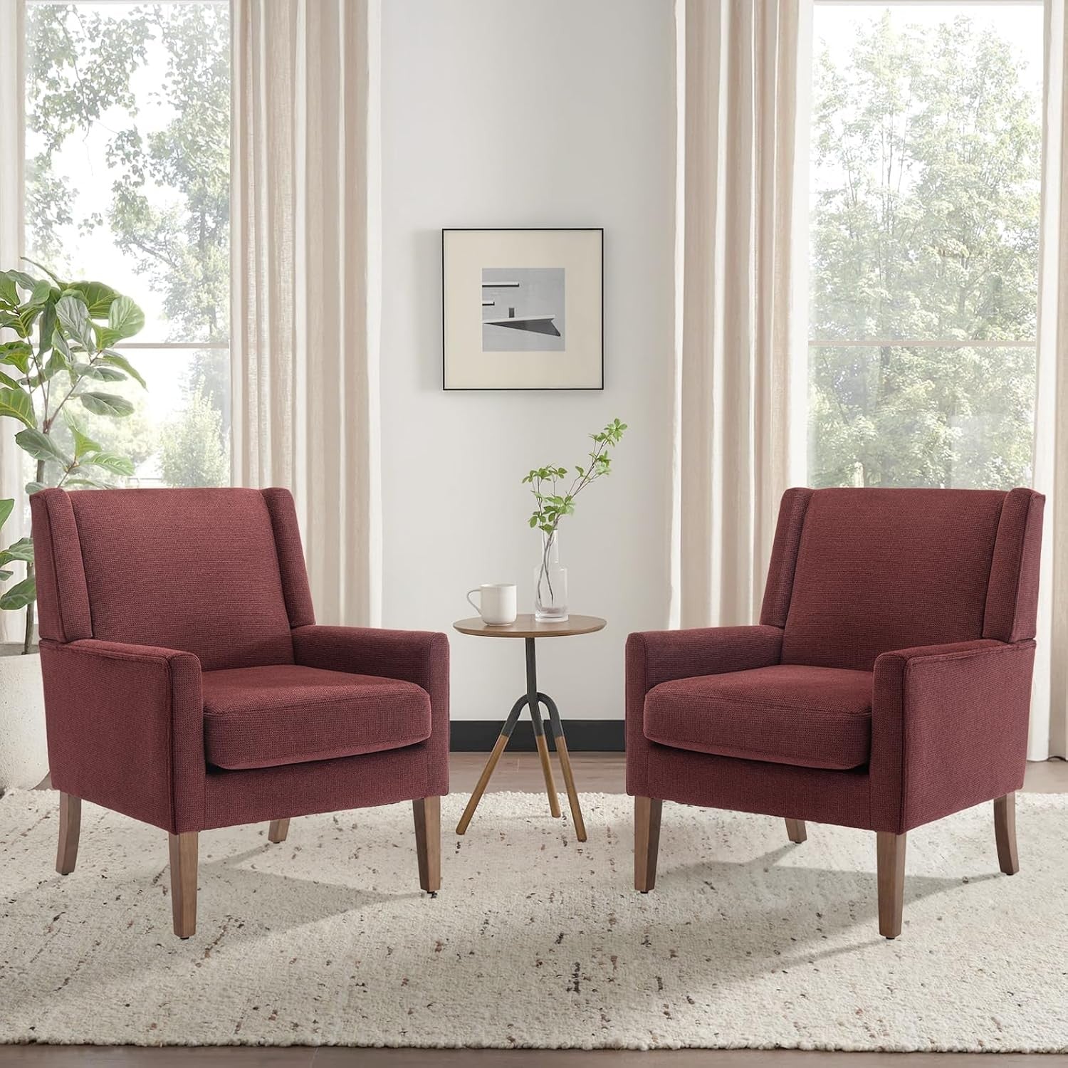 Red Wingback Accent Armchairs Set of 2 Upholstered Wood Legs
