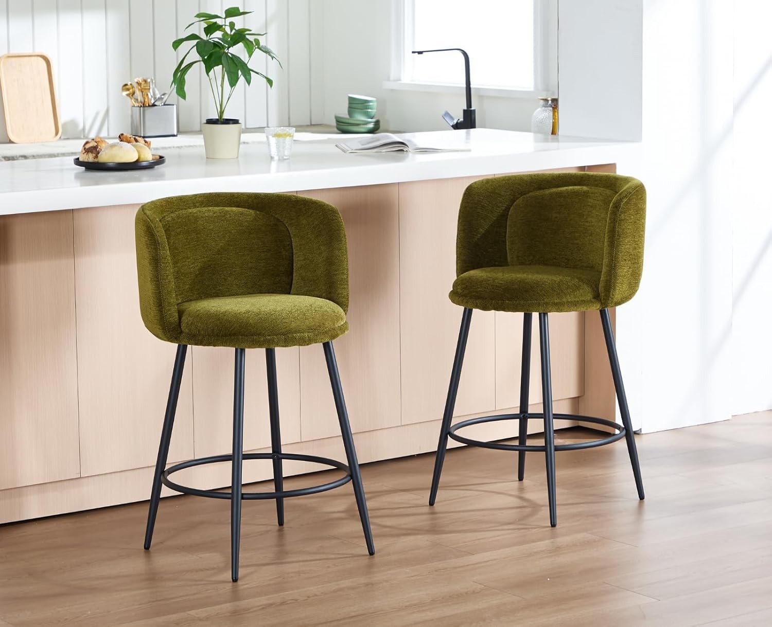 Counter Bar Stools Set of 2 | Green Chenille L-Shaped Dining Chairs