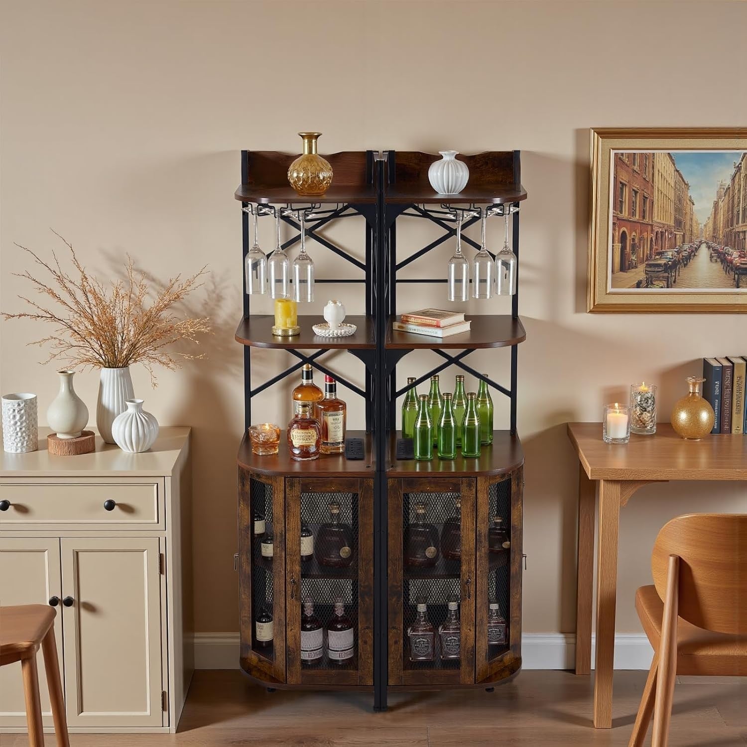 Corner Wine Bar Cabinet with LED Lights, 5-Tier Bottle Rack & Glass Holder