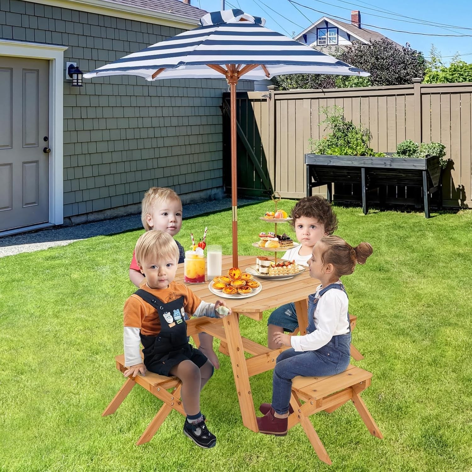Kids Outdoor Wooden Picnic Table Set w/ Benches & Parasol | 4 Seater