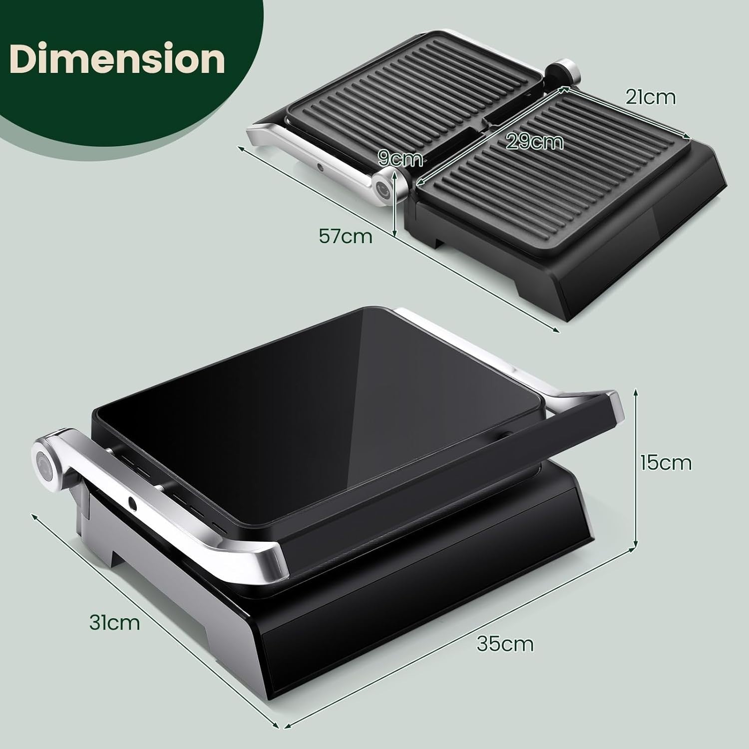 3-in-1 Panini Maker Sandwich Grill 1200W Adjustable Plates Timer 4H glass top