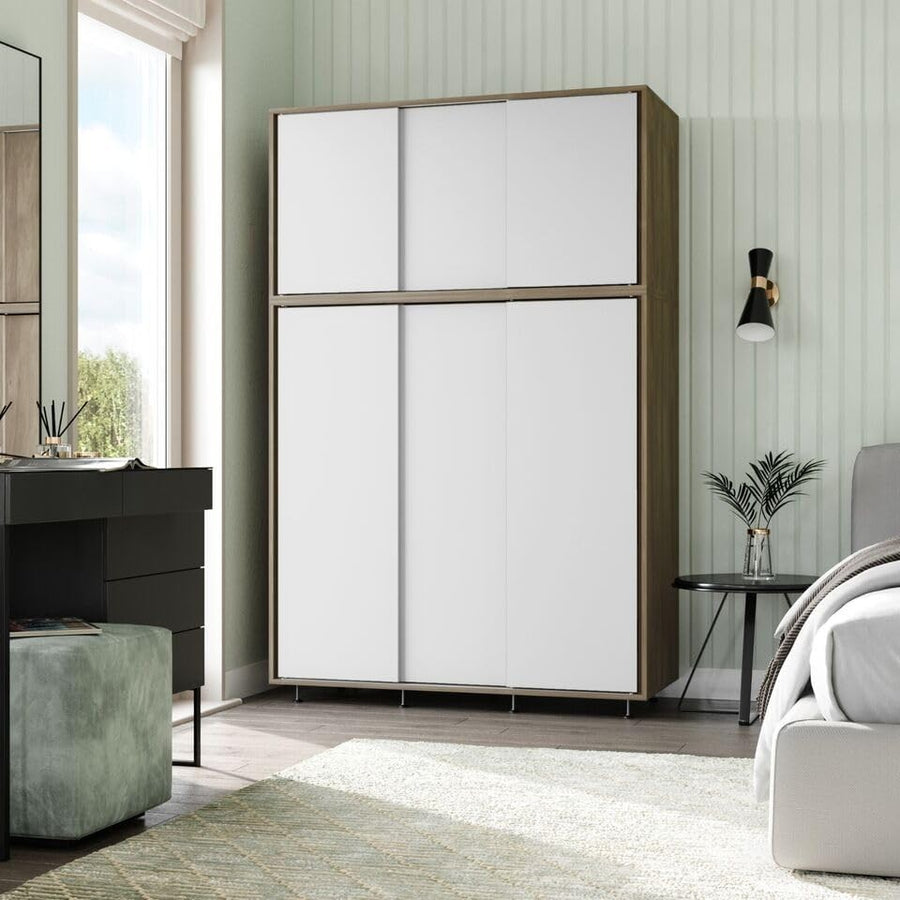 6-Door White Sliding Wardrobe with Adjustable Feet & Spacious Storage