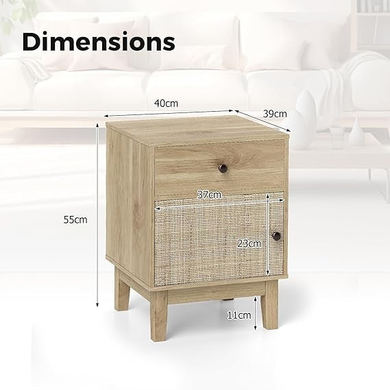 Modern Rattan Bedside Table with Drawer & Door, Solid Wood Legs, Boho Nightstand