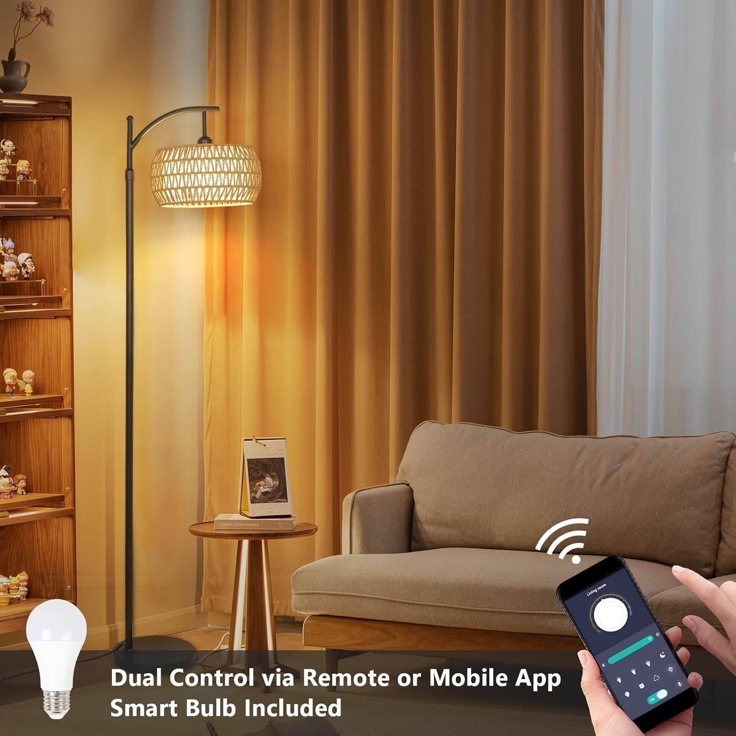 Adjustable Rattan Arc Floor Lamp with Remote, Dimmable LED Light for Living Room