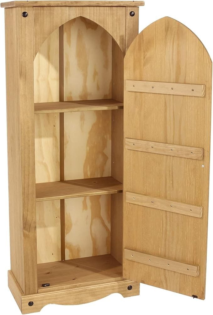 Tall Solid Pine Storage Cupboard with 1 Door & 3 Shelves, Rustic Wooden Cabinet