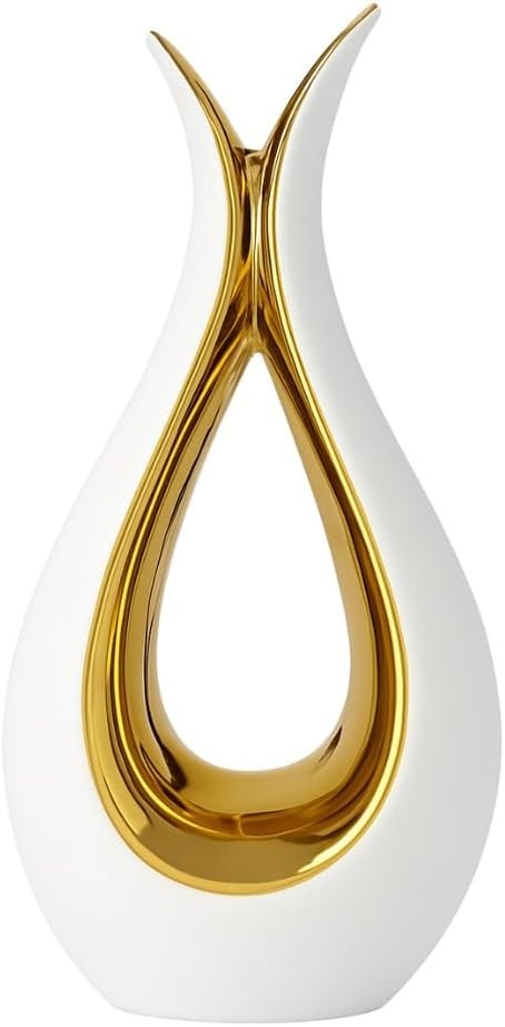 White & Gold Modern Ceramic Vase 23cm – Slim Decorative Flower Holder Ornament