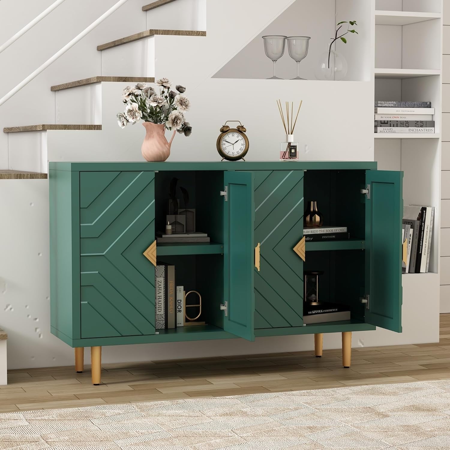 Green Kitchen Sideboard Cabinet 4 Doors Storage Buffet Table with Shelves