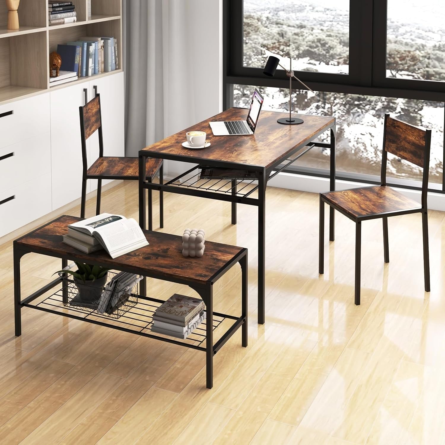 Dining Table Set with 2 Chairs & Storage Bench Rustic Brown for Small Space
