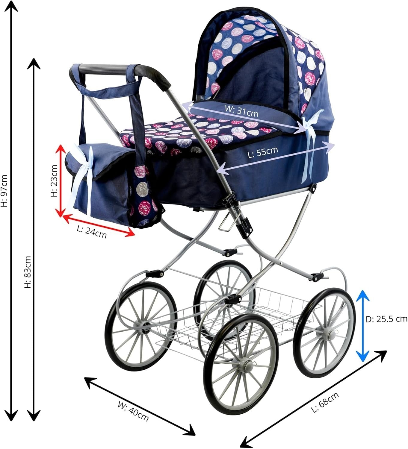 Blue Doll Pram Pushchair with Cot Adjustable Hood Basket Bag