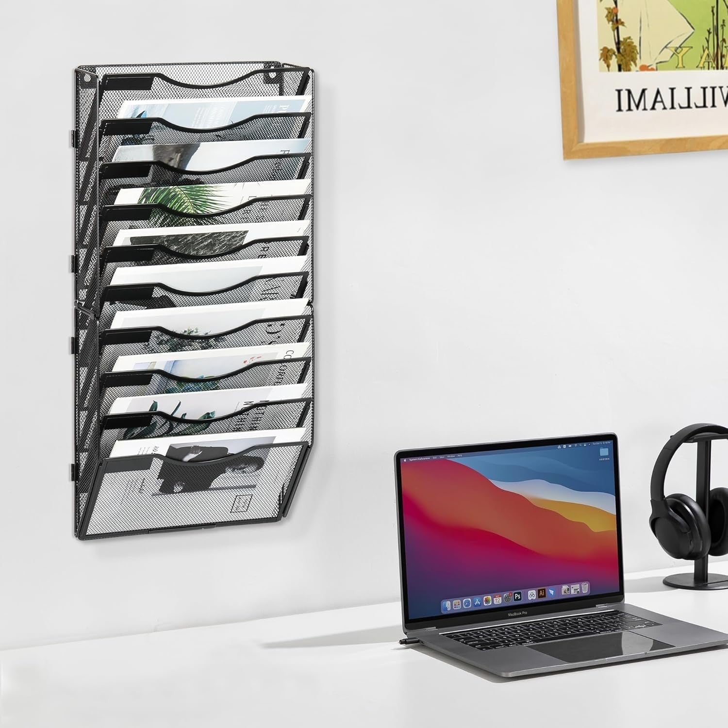 Wall-Mounted 10-Pocket Metal Desk Organizer | Vertical File & Magazine Rack