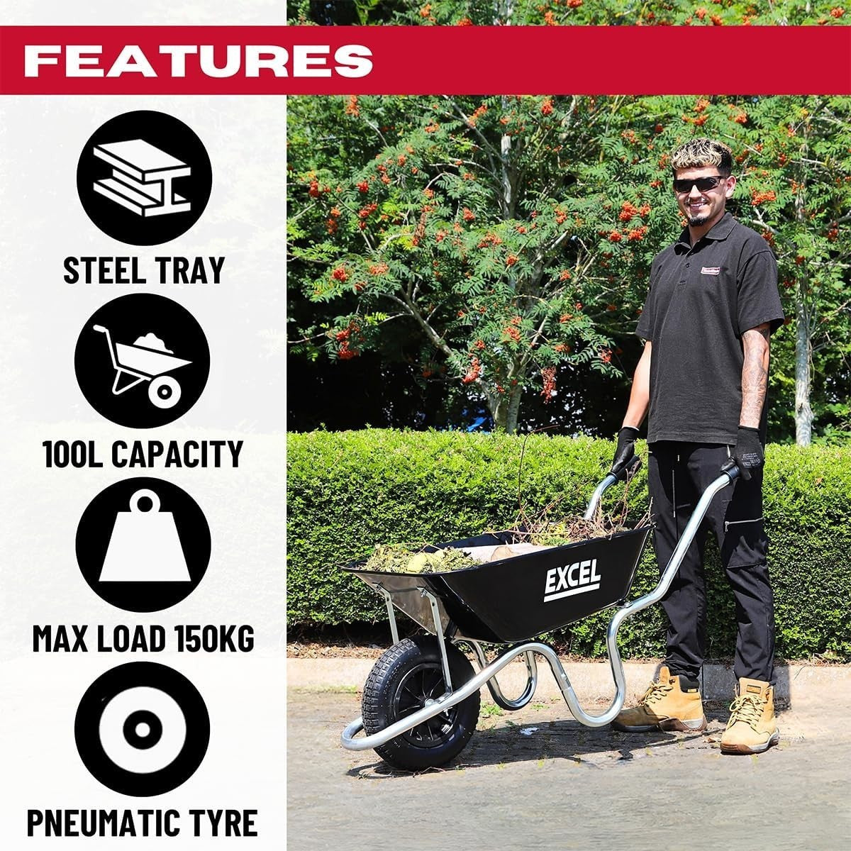 100L Black Wheelbarrow – Galvanised Steel Tray Pneumatic Tyre Heavy Duty 150kg