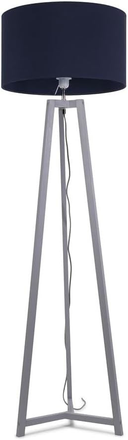 Grey Wooden Tripod Floor Lamp Navy Blue Drum Shade LED Living Room Light