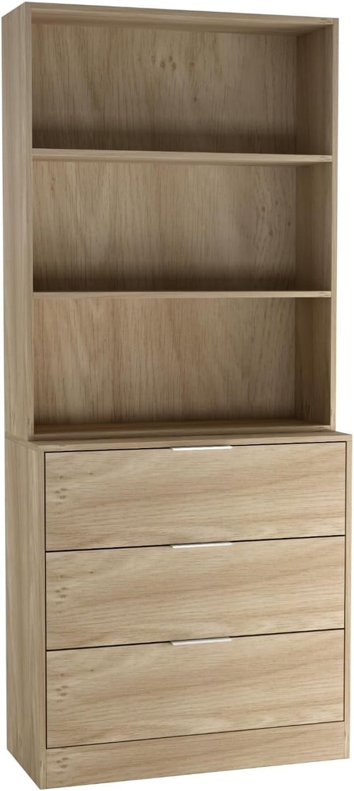 3 Drawer Wooden Storage Cabinet with Tall Bookcase Shelf Oak 60cm Combo Unit